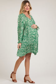 Green Paisley Floral Ruffle Neck Button Front Maternity Dress
