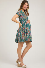 Teal Floral Smocked V-Neck Short Sleeve Maternity Dress – PinkBlush