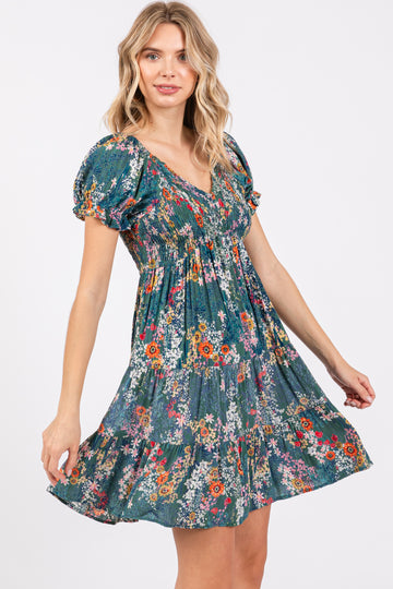 Teal Floral Smocked V-Neck Short Sleeve Dress
