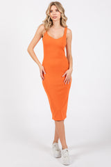 Orange Sleeveless Ribbed Fitted Dress