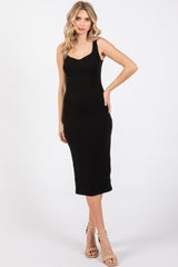 Black Sleeveless Ribbed Fitted Dress