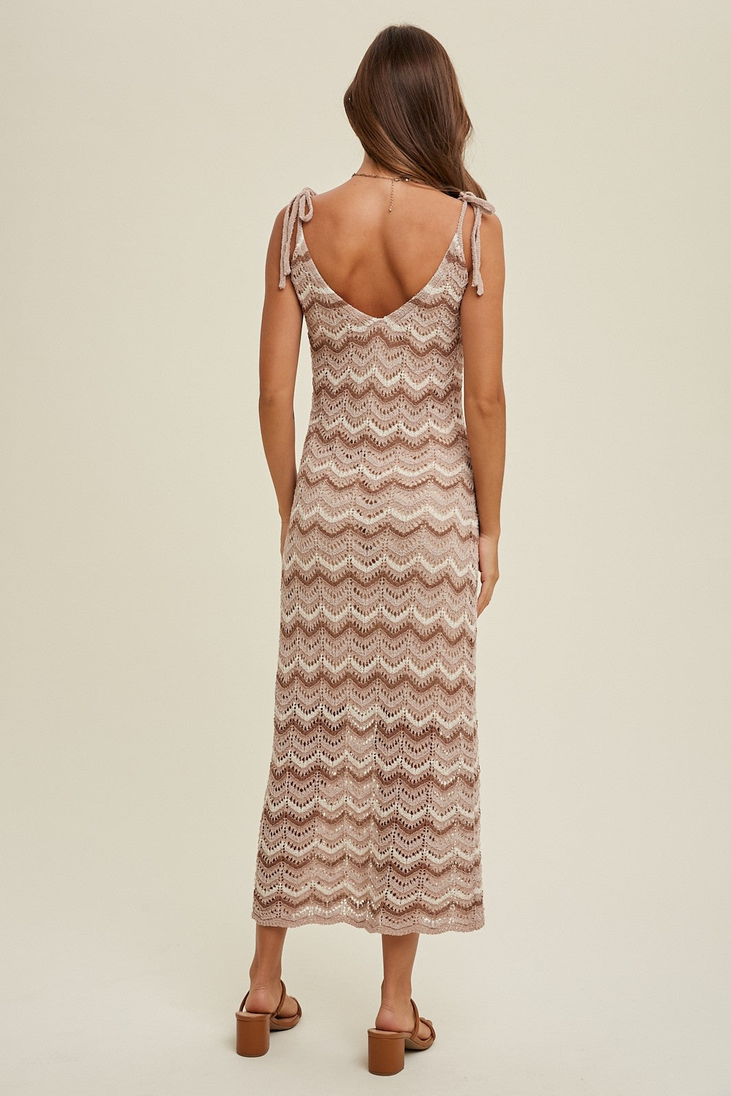 Taupe Chevron Crochet Shoulder Tie Midi Dress