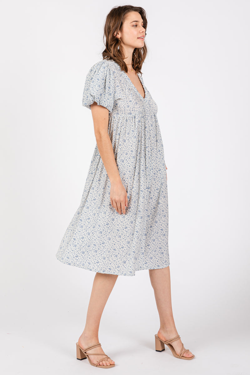 Light Blue Floral Puff Sleeve Midi Dress – PinkBlush