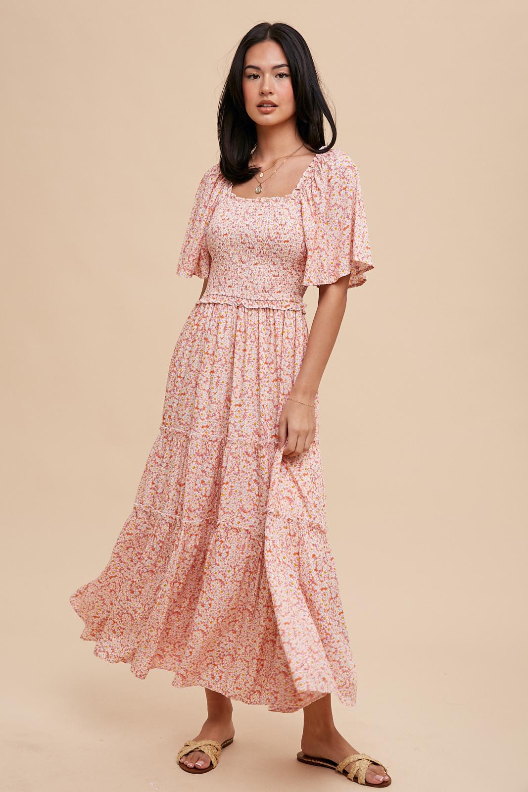 Pink Floral Smocked Tiered Maxi Dress Pink Floral Smocked Tiered Maxi Dress