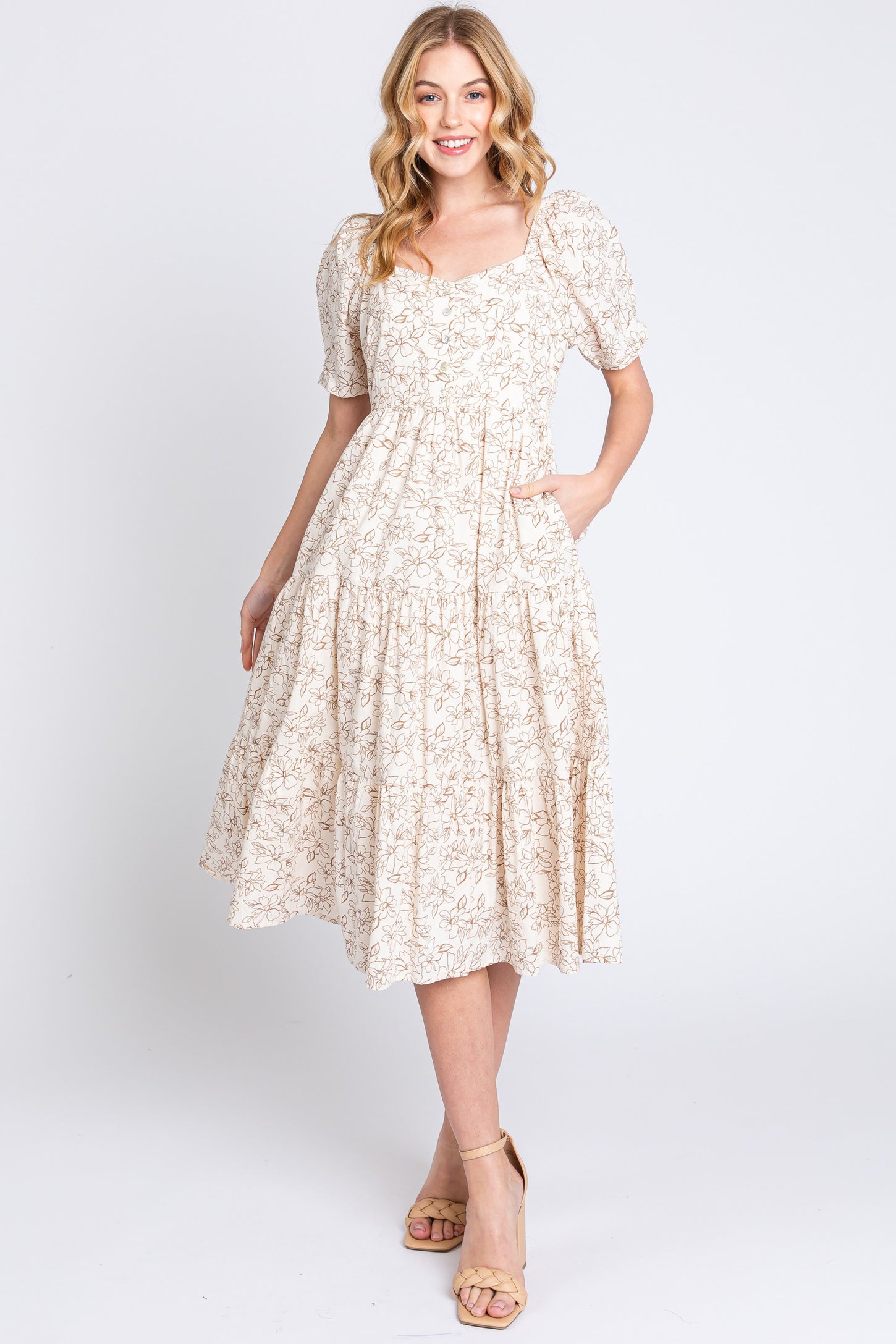 Taupe Floral Square Neck Tiered Maternity Midi Dress