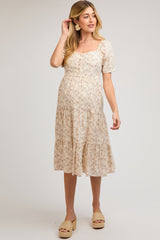 Taupe Floral Square Neck Tiered Maternity Midi Dress