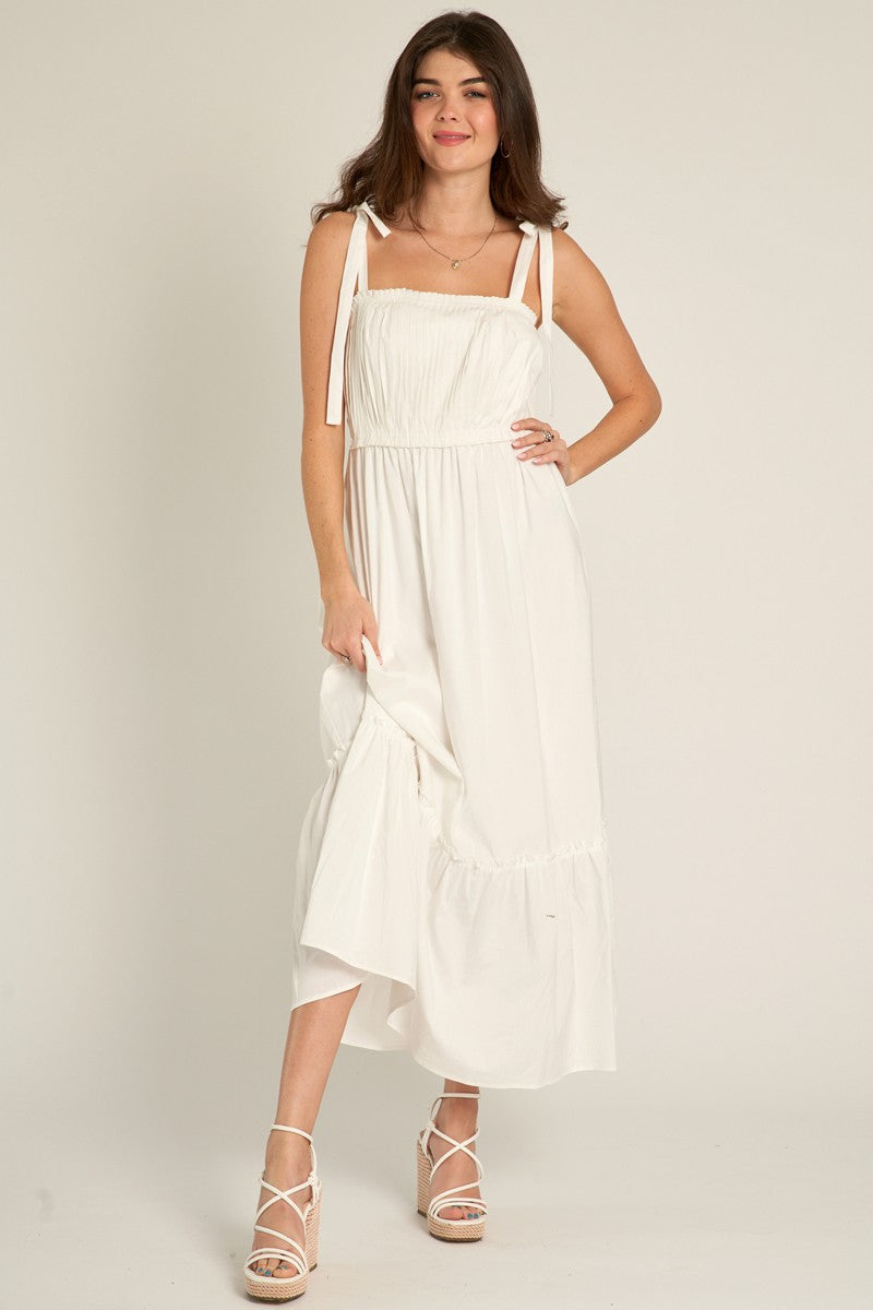 White Pleated Shoulder Tie Midi Dress White Pleated Shoulder Tie Midi Dress
