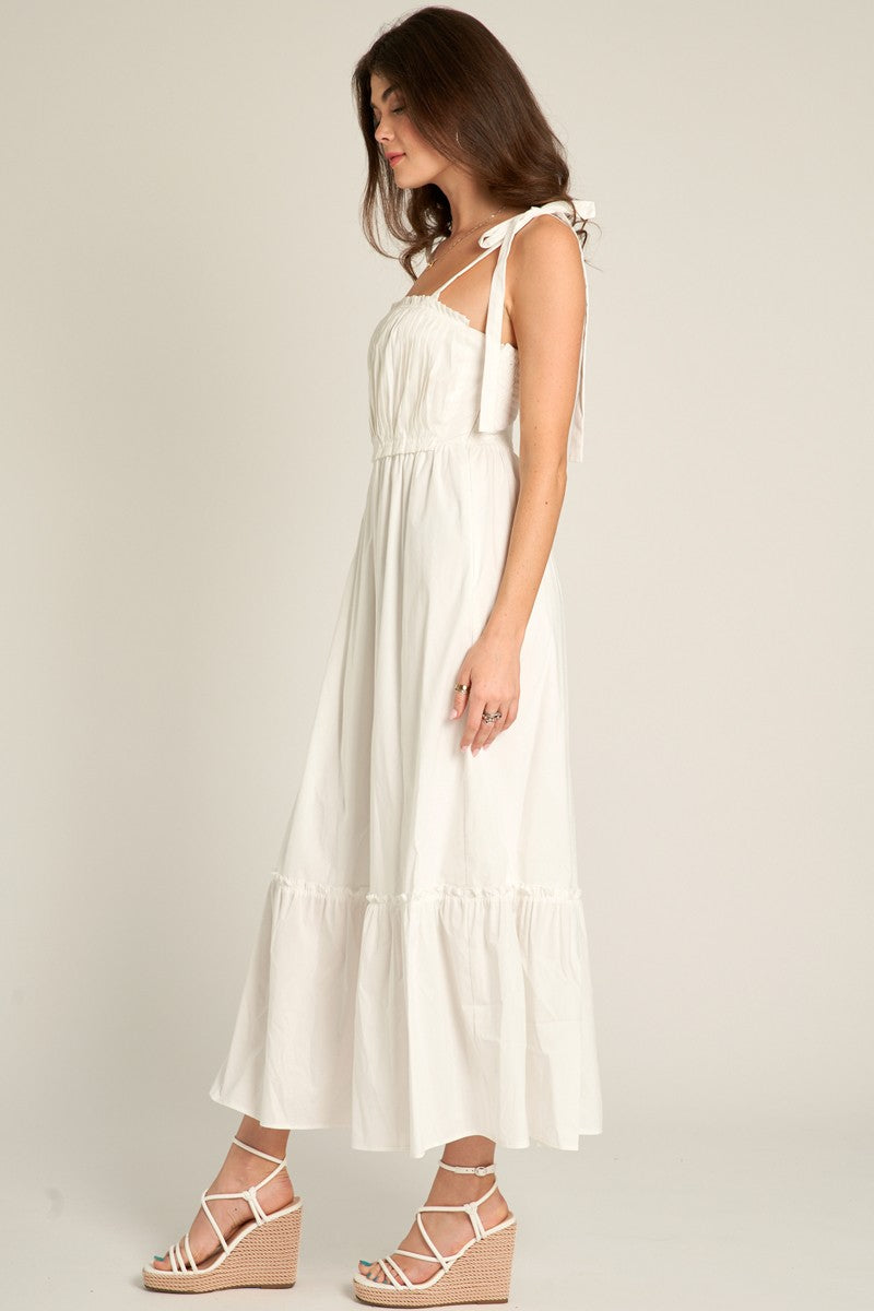 white tie shoulder midi dress Cotton Tie Shoulder Midi Dress White