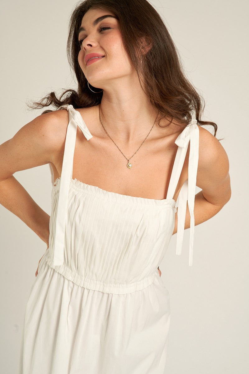 White Pleated Shoulder Tie Midi Dress PinkBlush White Pleated Shoulder Tie Midi Dress PinkBlush