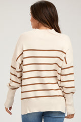 Beige Striped Drop Shoulder Maternity Sweater