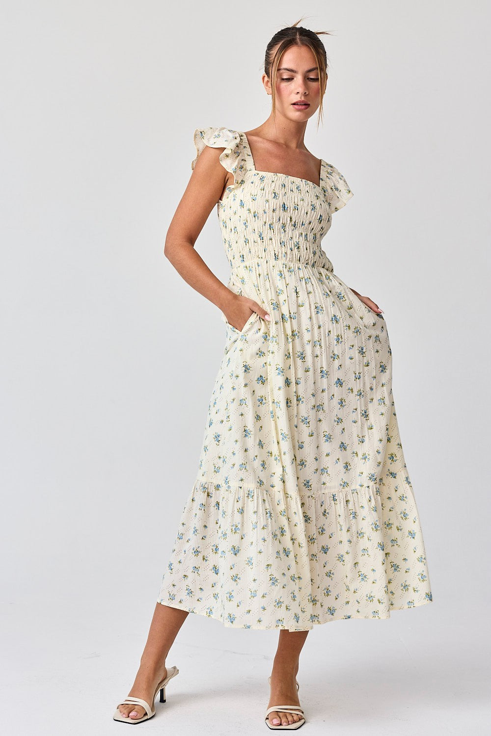 Blue Rose Smocked Ruffle Midi Dress