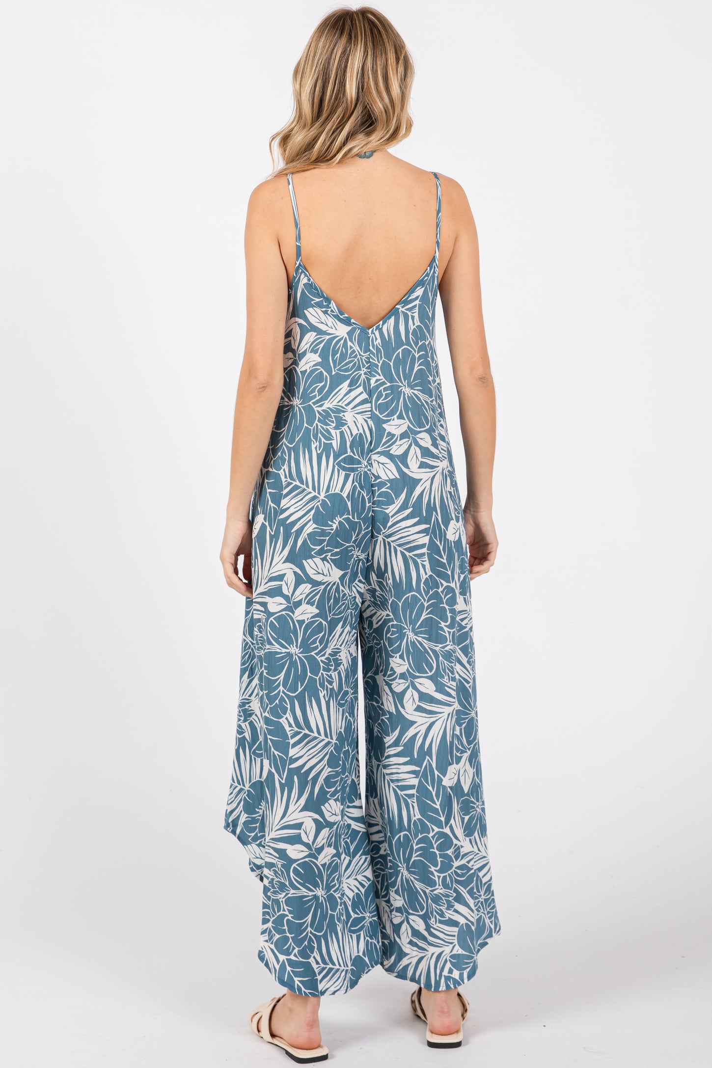 Blue Tropical Floral V-Neck Round Hem Jumpsuit