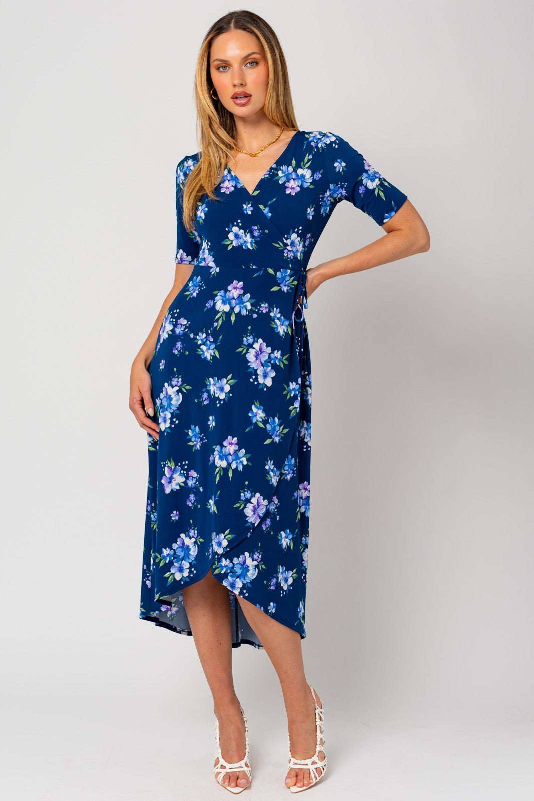 navy blue floral wrap dress Navy Floral Short Sleeve Wrap Dress