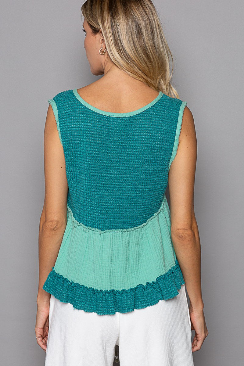 Mint Green Sleeveless Contrast Thermal Cropped Babydoll Top