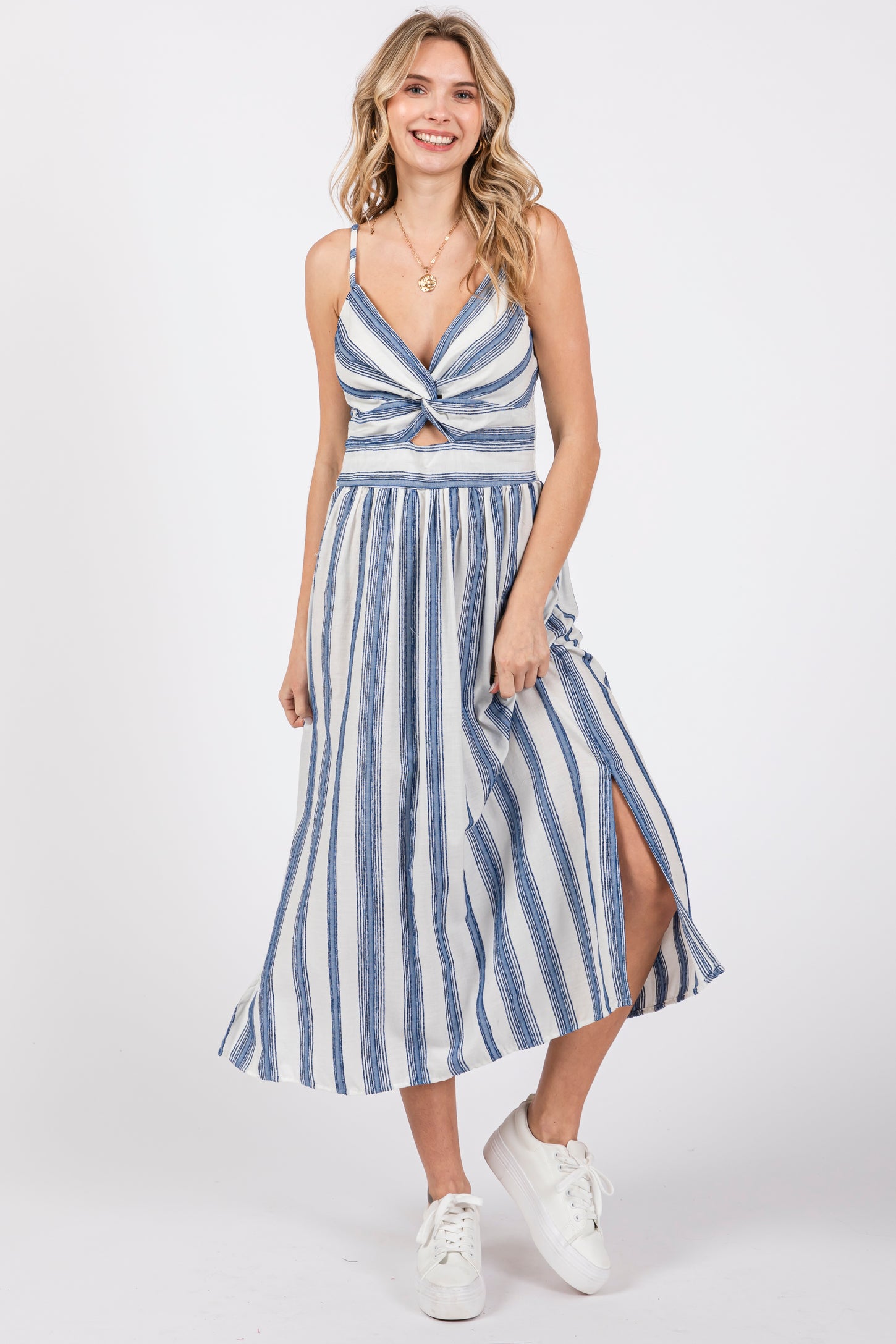 Blue Embroidered Striped Front Cutout Side Slit Maternity Midi Dress PinkBlush Blue Embroidered Striped Front Cutout Side Slit Maternity Midi Dress PinkBlush