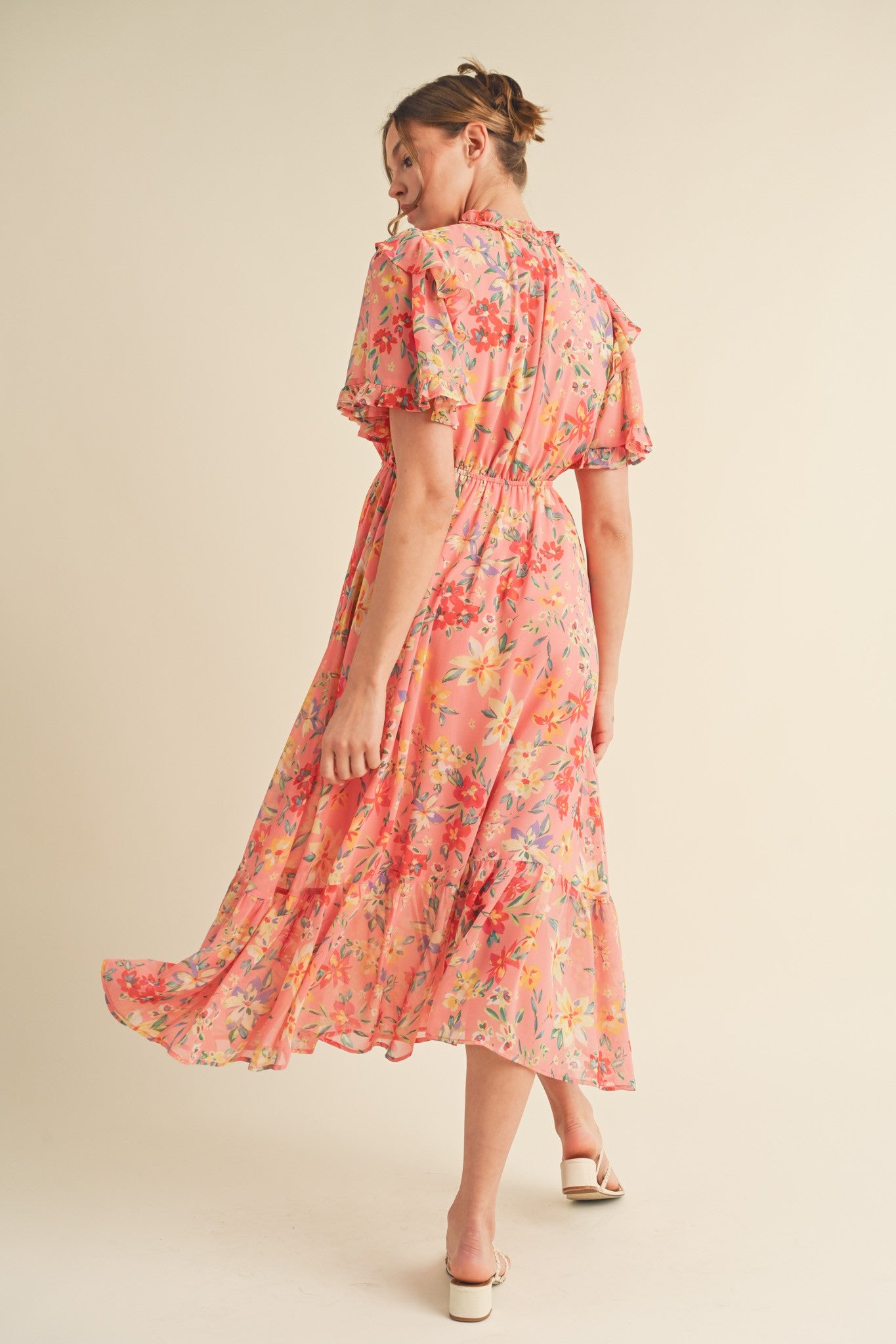 Coral Pink Floral Ruffle Accent Midi Dress PinkBlush Coral Pink Floral Ruffle Accent Midi Dress PinkBlush