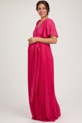 Fuchsia Chiffon Wrap Front V-Neck Short Sleeve Pleated Maternity Maxi Dress