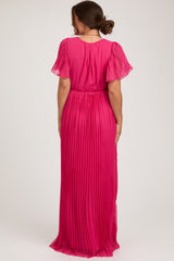 Fuchsia Chiffon Wrap Front V-Neck Short Sleeve Pleated Maternity Maxi Dress