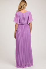Lavender Chiffon Wrap Front V-Neck Short Sleeve Pleated Maternity Maxi Dress