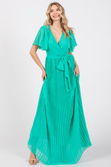 Aqua Chiffon Wrap Front V-Neck Short Sleeve Pleated Maxi Dress