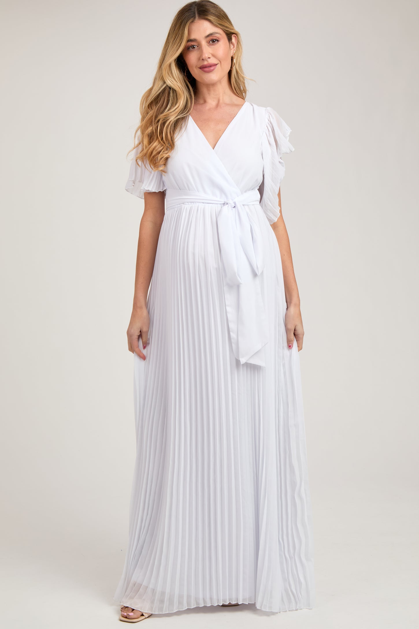 white chiffon wrap dress White Chiffon Maxi Dress - Wrap V-Neck with Tie Waist 668