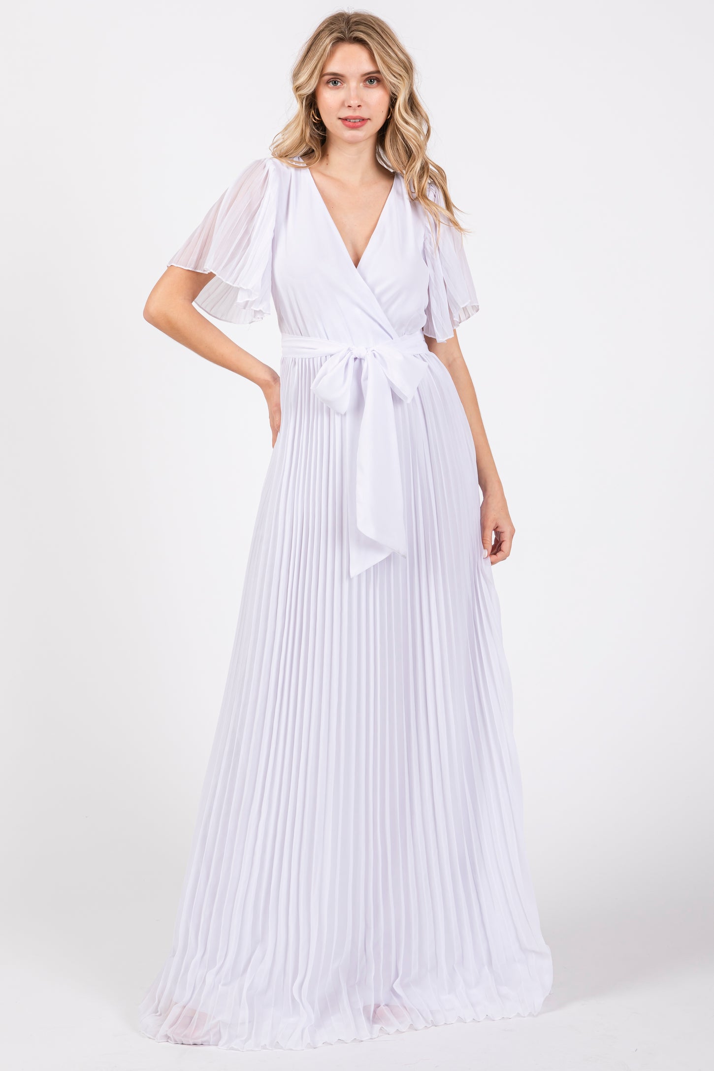 White Chiffon Wrap Front V-Neck Short Sleeve Pleated Maternity Maxi Dr PinkBlush White Chiffon Wrap Front V-Neck Short Sleeve Pleated Maternity Maxi Dr PinkBlush
