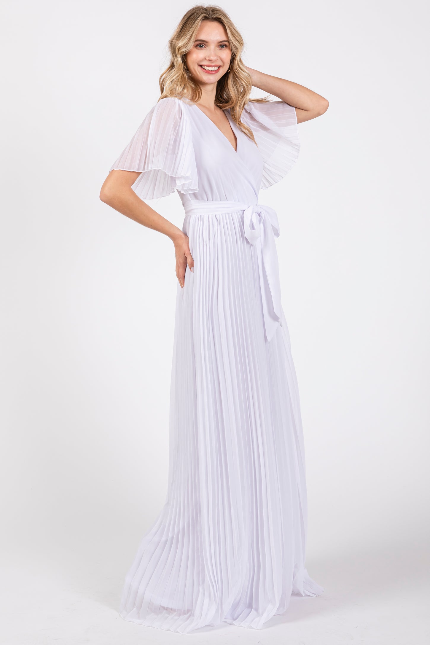 White Chiffon Wrap Front V-Neck Short Sleeve Pleated Maxi Dress PinkBlush White Chiffon Wrap Front V-Neck Short Sleeve Pleated Maxi Dress PinkBlush