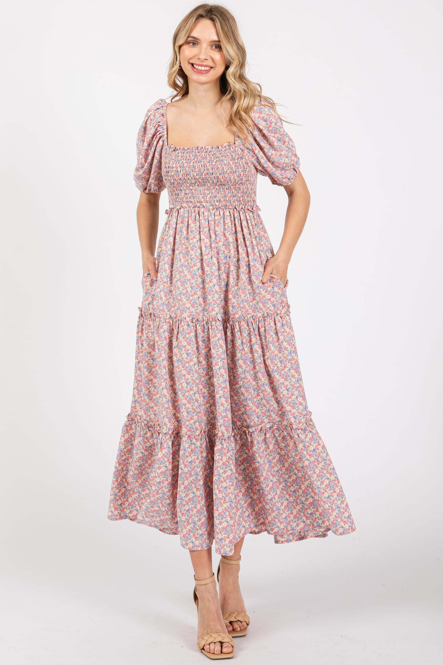 Light Pink Floral Smocked Tiered Puff Sleeve Maternity Maxi Dress