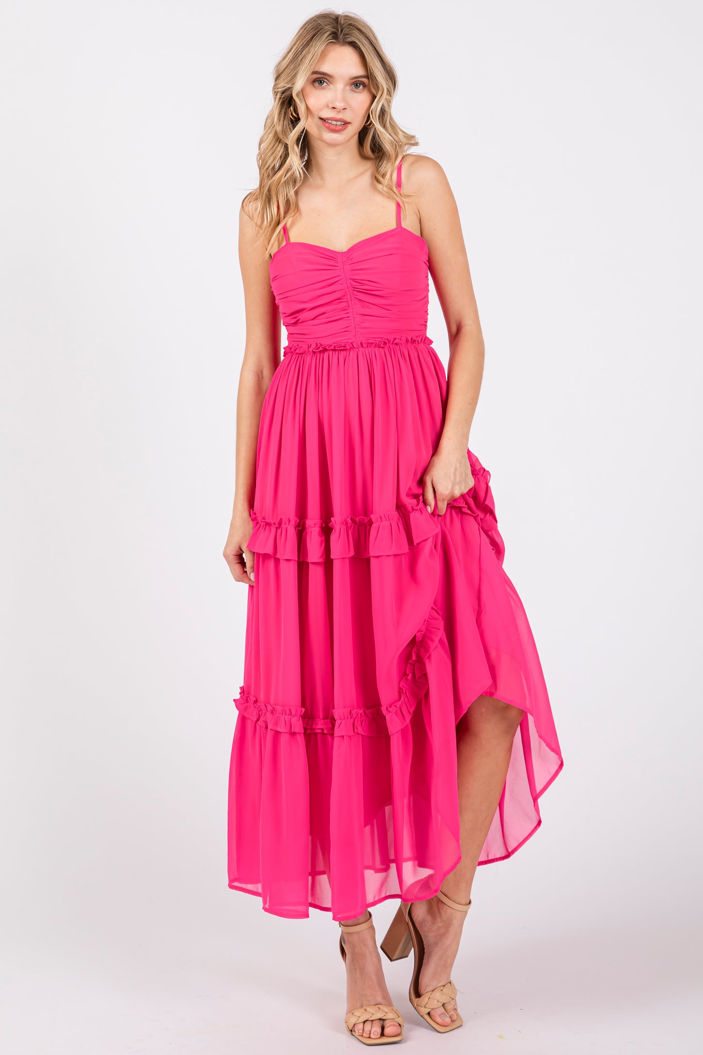 pleated ruffle midi dress Doux Yellow Ruffled Trim Pleated Midi Dress