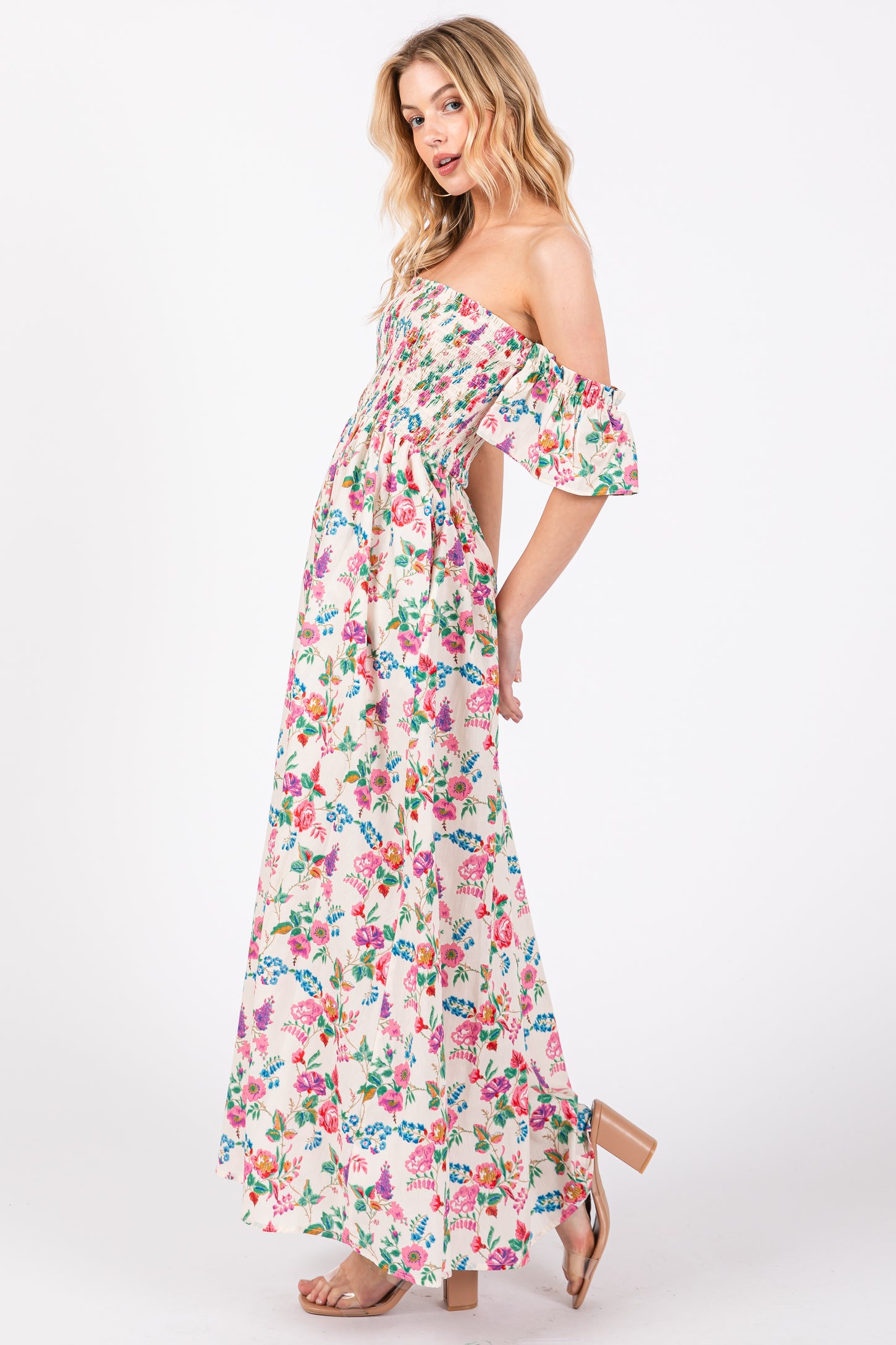 Cream Floral Off Shoulder Dress