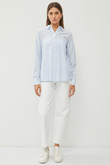 Light Blue Striped Basic Button Down Top