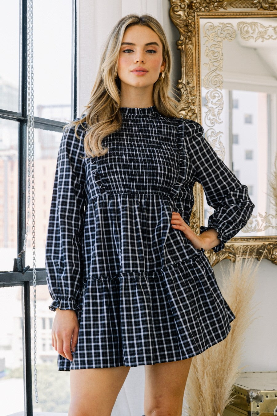Black Plaid Babydoll Mini Dress – PinkBlush