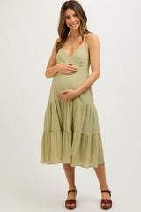 Light Olive Sleeveless Maternity Maxi Dress