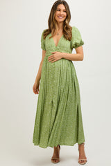 Sage Floral Button Down Front Slit Maternity Maxi Dress