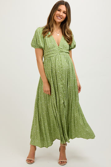 Sage Floral Button Down Front Slit Maternity Maxi Dress