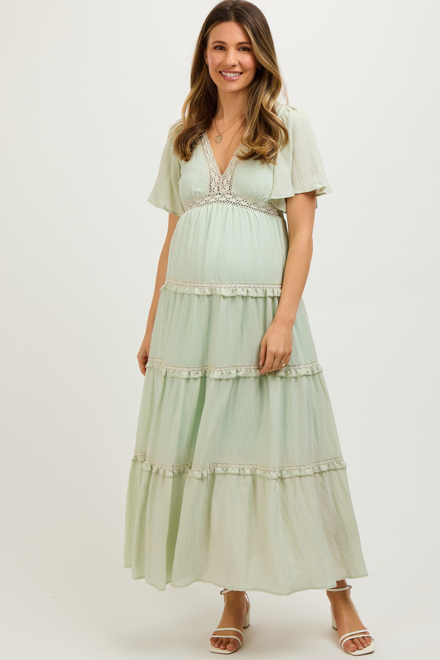 Mint Crochet Lace Tiered Maternity Maxi Dress PinkBlush Mint Crochet Lace Tiered Maternity Maxi Dress PinkBlush
