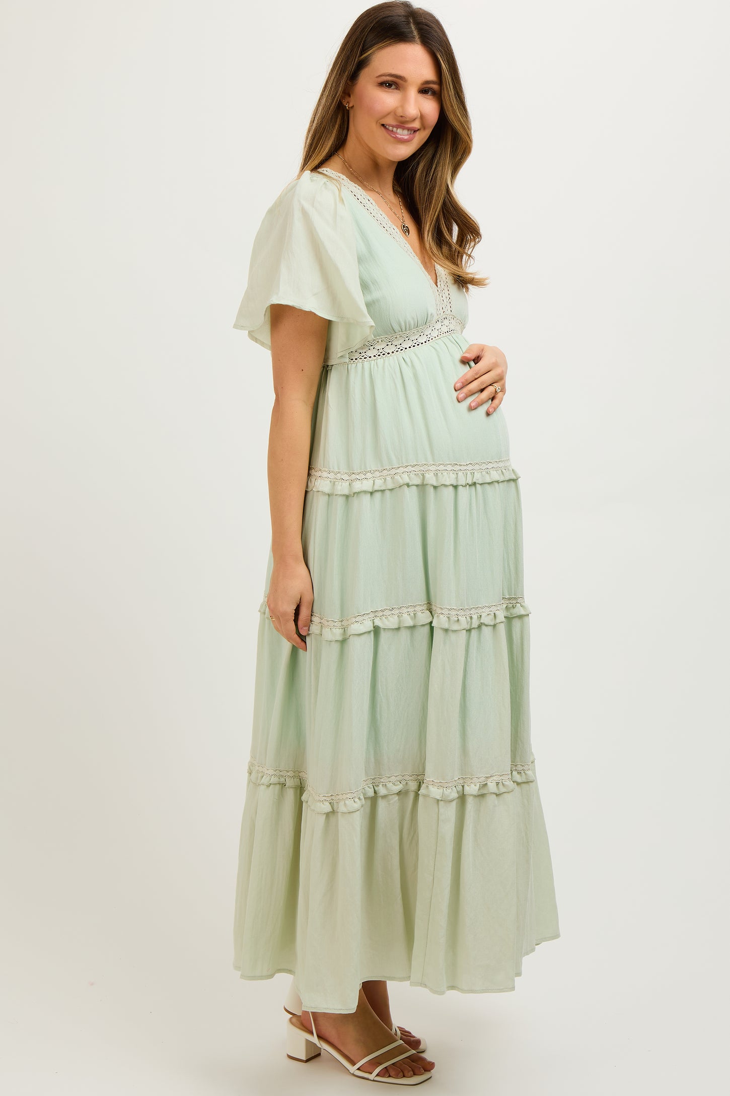 Mint Crochet Lace Tiered Maternity Maxi Dress – PinkBlush