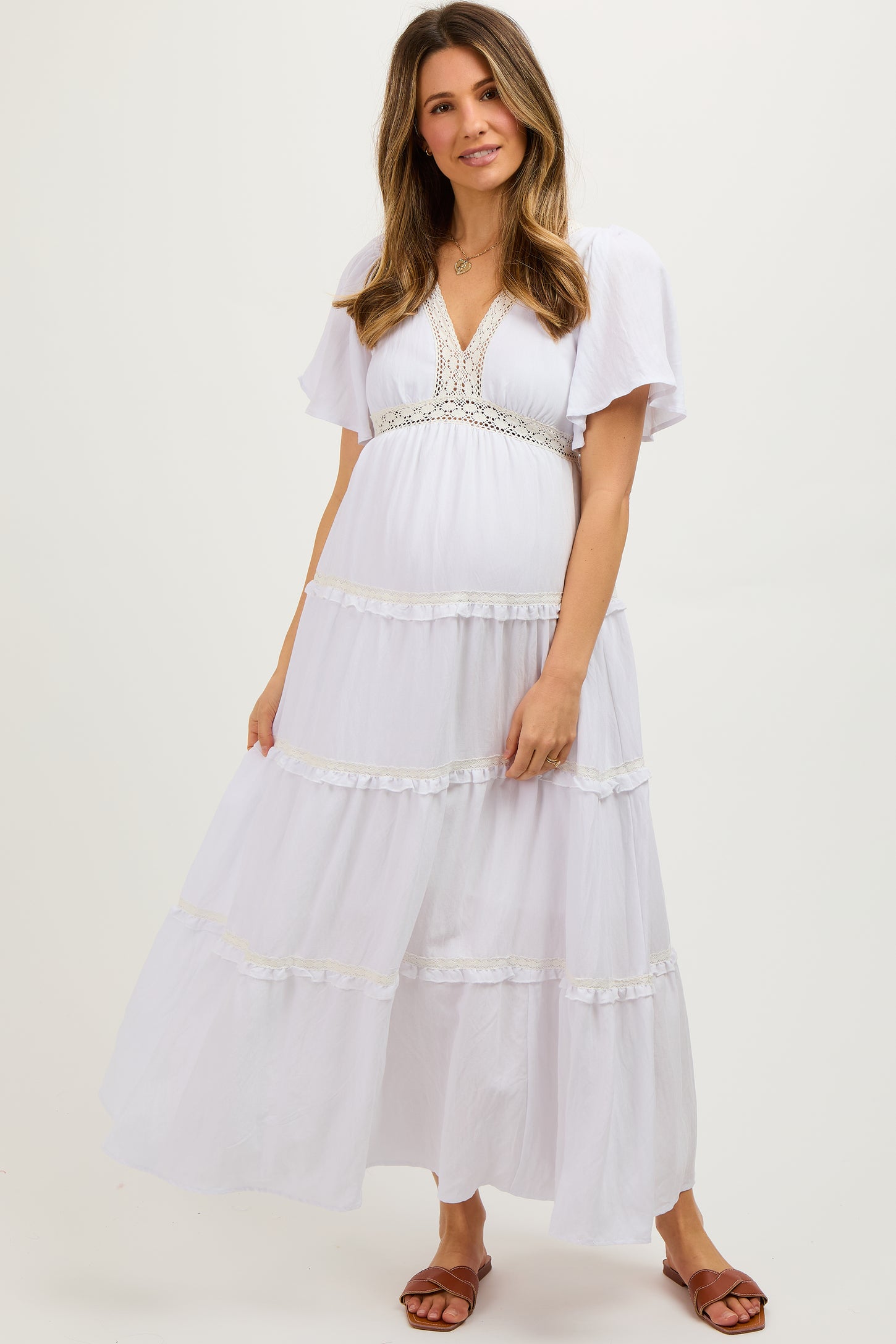 Ivory Crochet Lace Tiered Maternity Maxi Dress – PinkBlush