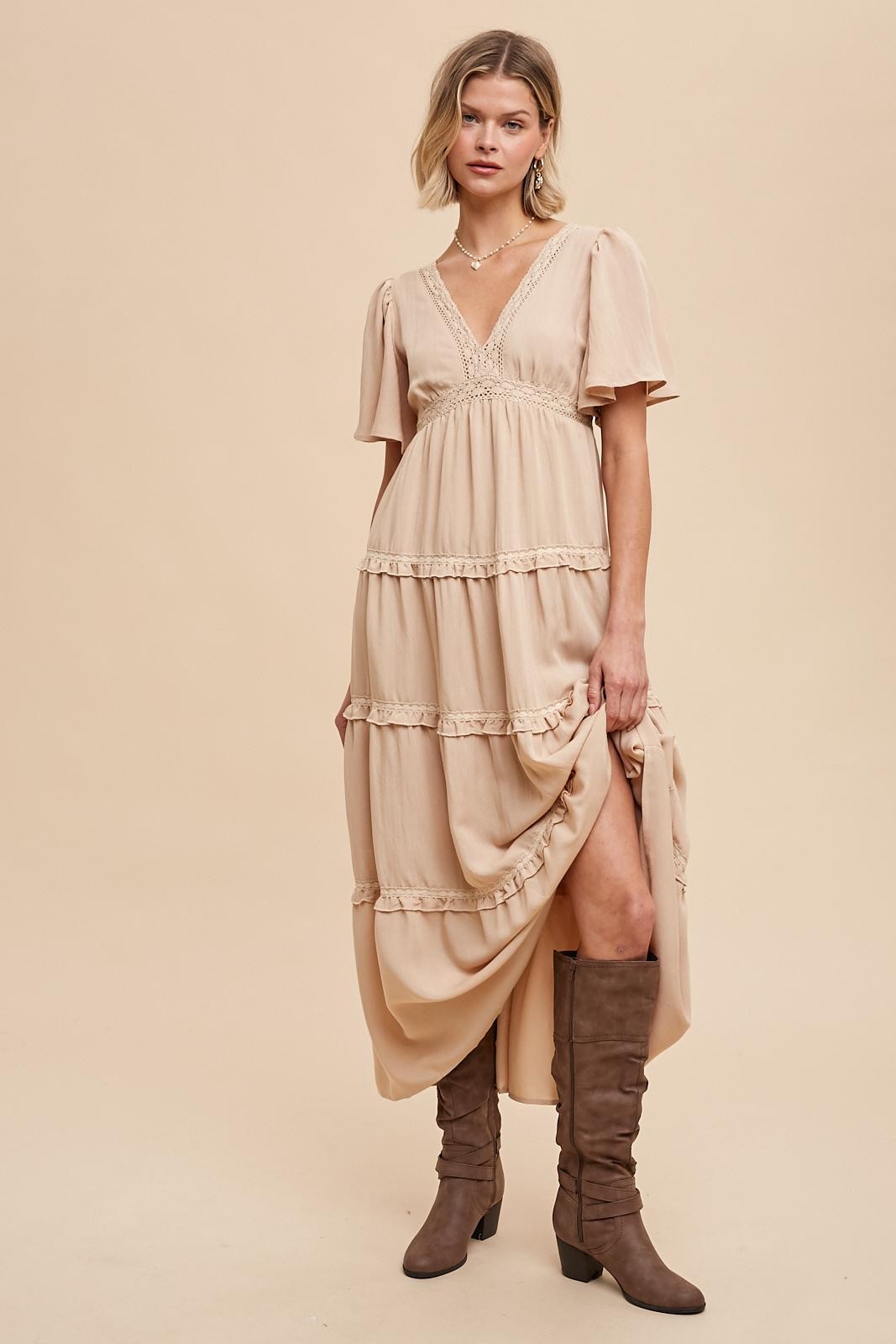 chinese dress ladies Beige Crochet Lace Tiered Maxi Dress – PinkBlush