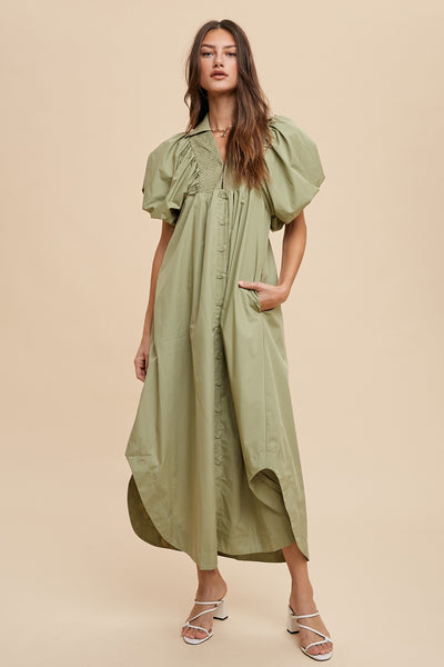 Sage Smock Detail Puff Sleeve Midi Dress – PinkBlush