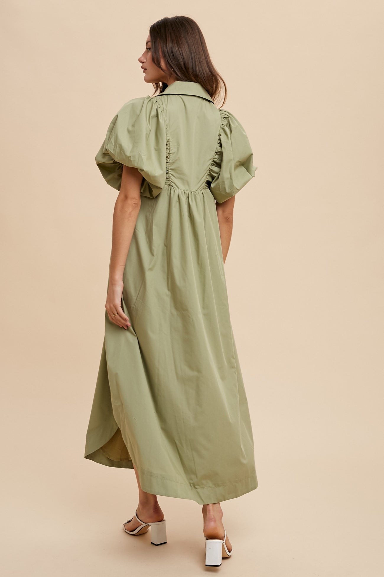 Sage Smock Detail Puff Sleeve Midi Dress PinkBlush Sage Smock Detail Puff Sleeve Midi Dress PinkBlush