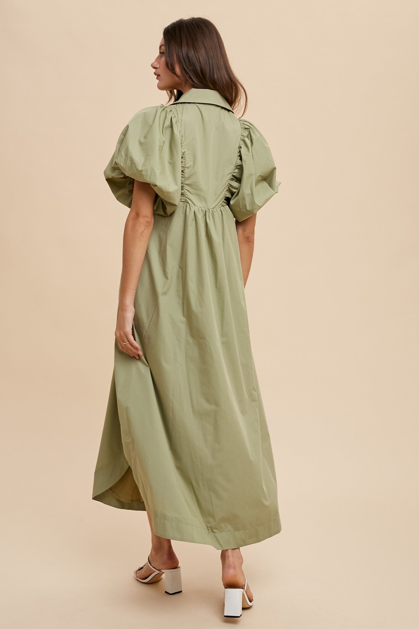 Sage Smock Detail Puff Sleeve Midi Dress Sage Smock Detail Puff Sleeve Midi Dress