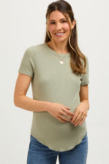 Light Olive Ribbed Short Sleeve Curved Hem Maternity Top