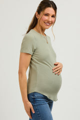 Light Olive Ribbed Short Sleeve Curved Hem Maternity Top