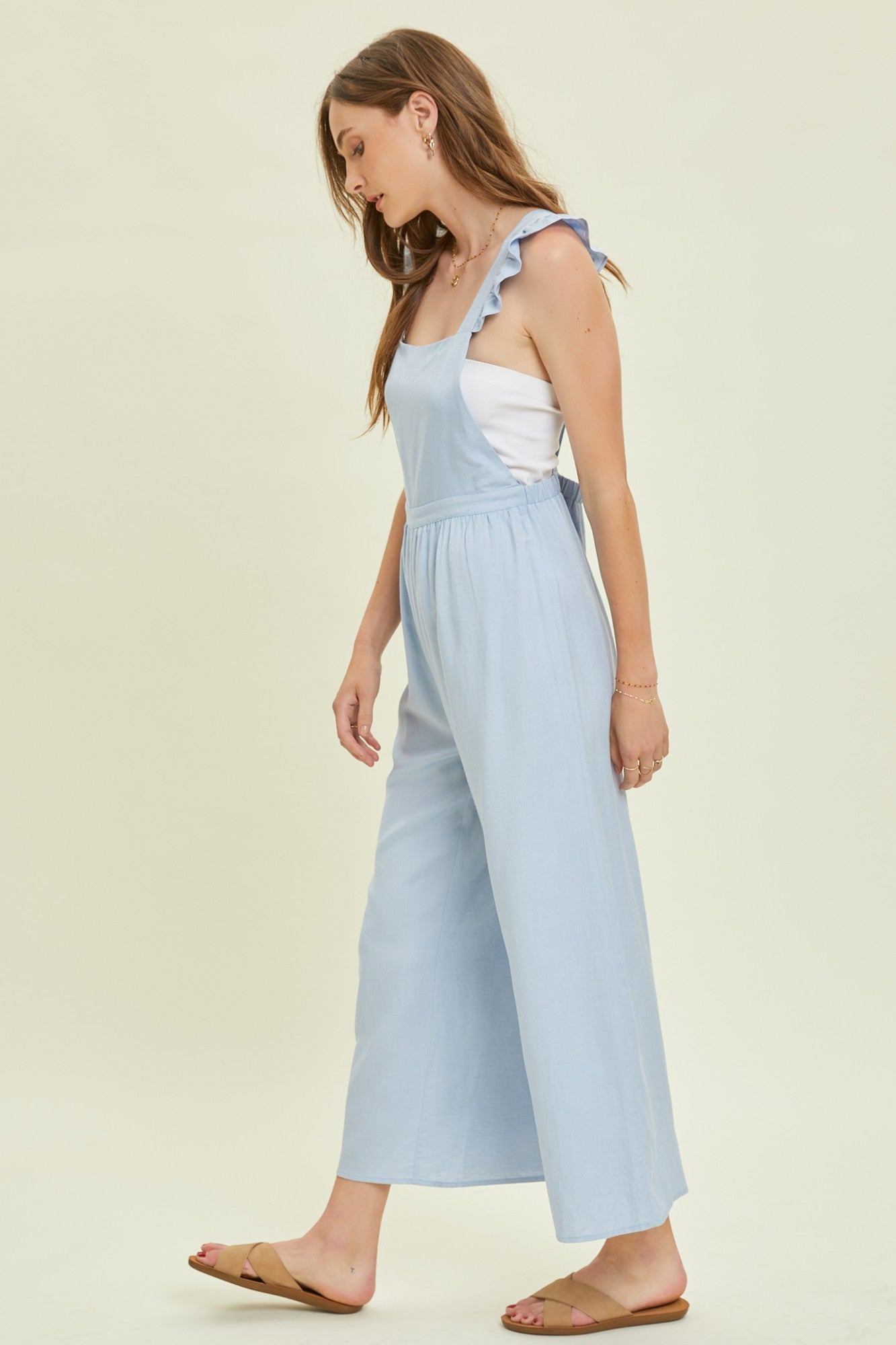 Wide Ruffle Straps Powder Blue Wide Leg Linen Jumpsuit With Ruffled Straps – PinkBlush
