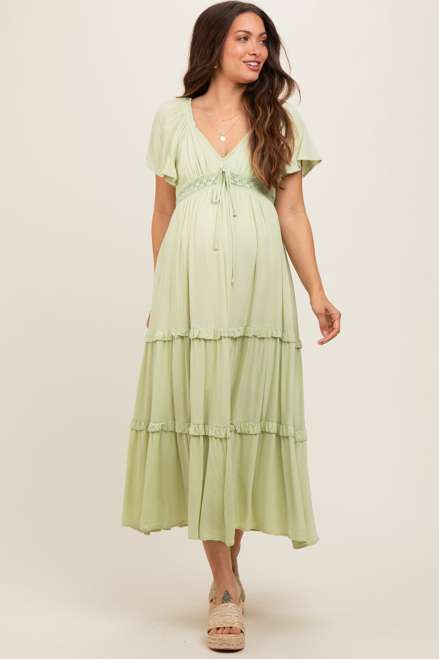 Sage Crochet Lace Tiered Ruffle Maternity Maxi Dress PinkBlush Sage Crochet Lace Tiered Ruffle Maternity Maxi Dress PinkBlush