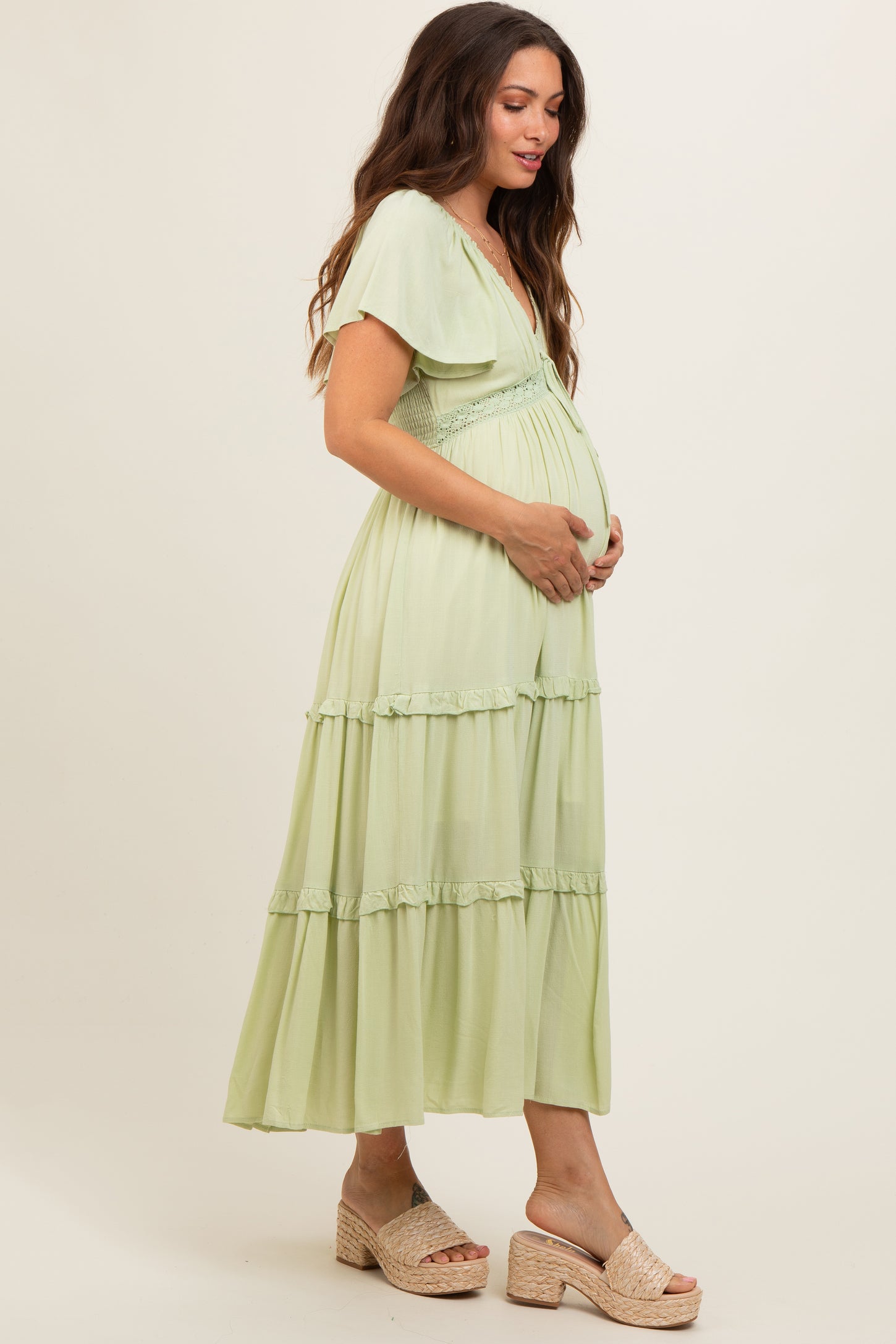 Sage Crochet Lace Tiered Ruffle Maternity Maxi Dress PinkBlush Sage Crochet Lace Tiered Ruffle Maternity Maxi Dress PinkBlush