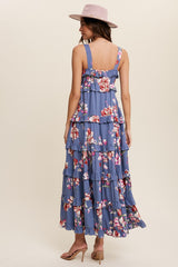 Blue Floral Sleeveless Tiered Maxi Dress