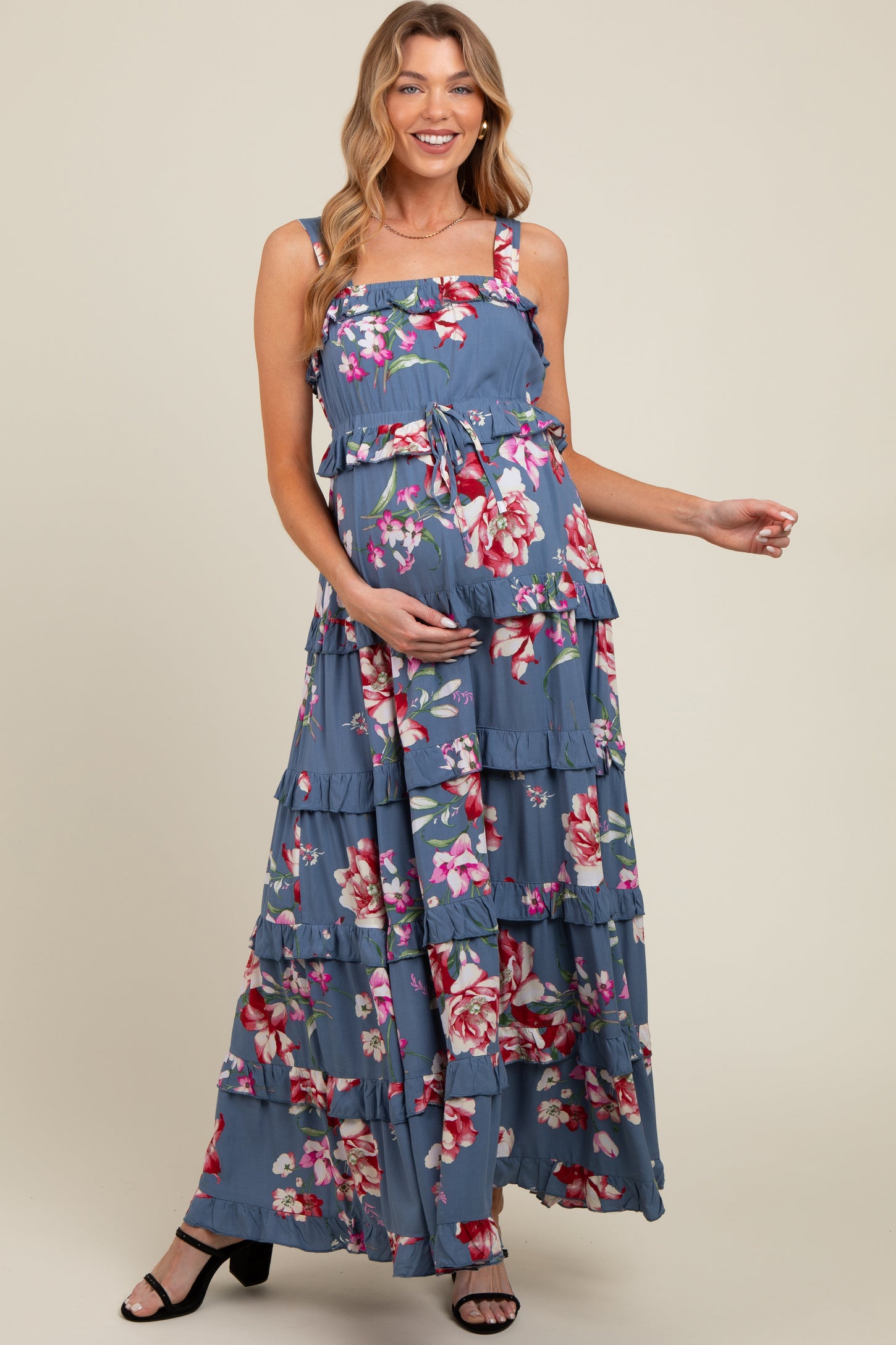 Blue Floral Sleeveless Tiered Maternity Maxi Dress – PinkBlush