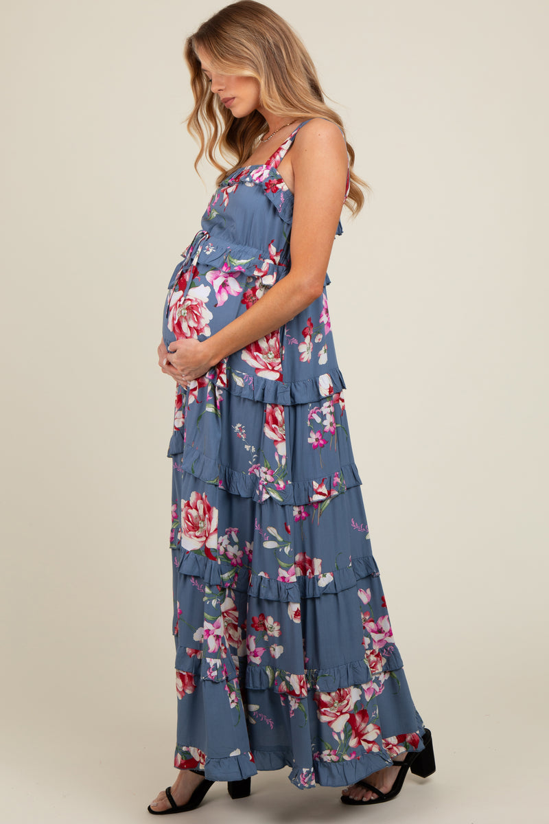Blue Floral Sleeveless Tiered Maternity Maxi Dress – PinkBlush